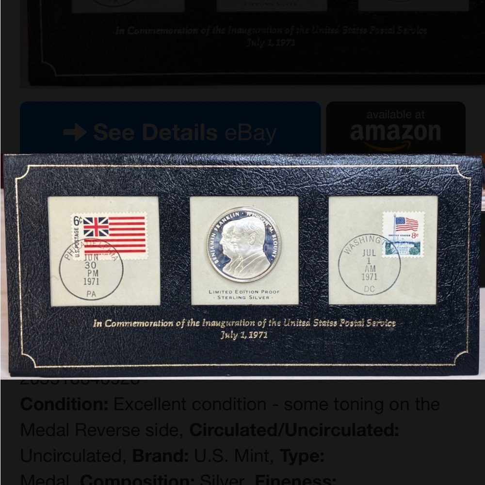 1971 Commemoration of Inauguration of US Postal Service. Silver Coin & 2 Stamps